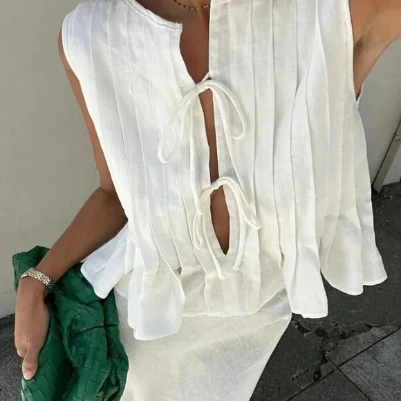 White Casual Women's Ribbon-Tied Ruffled Sleeveless Blouse And Long Skirt Set - Picture 4 of 8